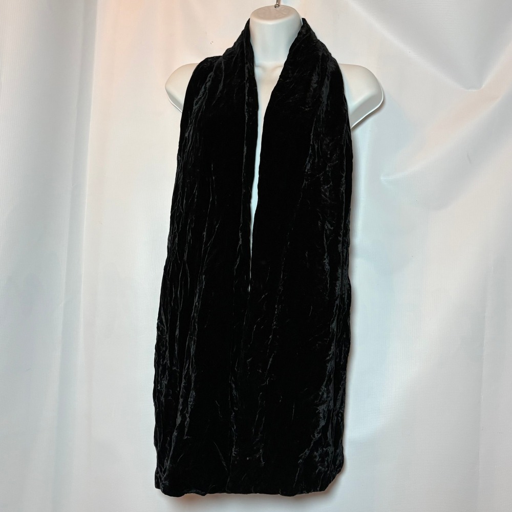 Eileen Fisher Black Crushed Velvet Silk Blend Scarf Shawl Wrap Long 12x72 Classy